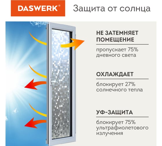Солнцезащитная самоклеящаяся статическая пленка на окно DASWERK без клея, 75x150 см, кубики 608588