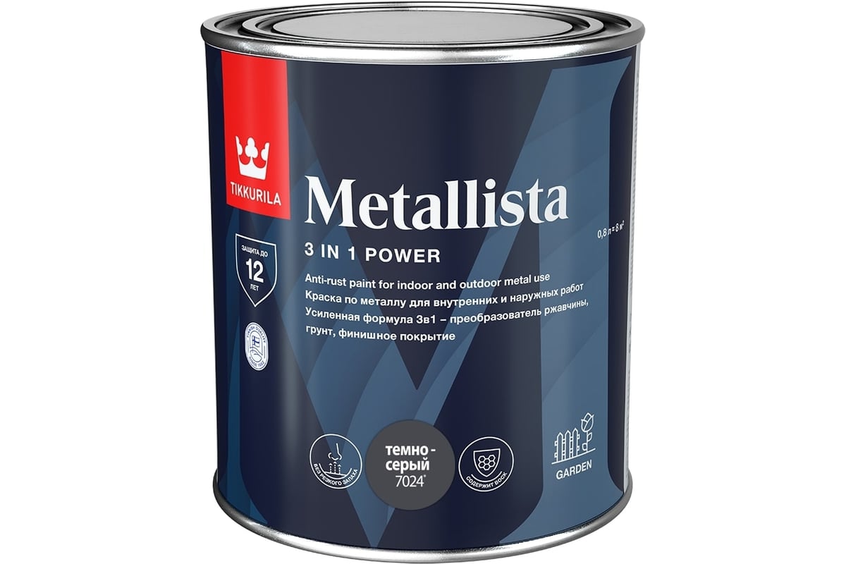 Краска по ржавчине Tikkurila METALLISTA серая/темно-серая, гладкая, 0.8 л  700014085