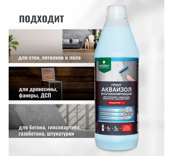 Влагоизолирующий грунт PROSEPT Акваизол с биоцидной добавкой, концентрат 1:4, 1 л 047-1