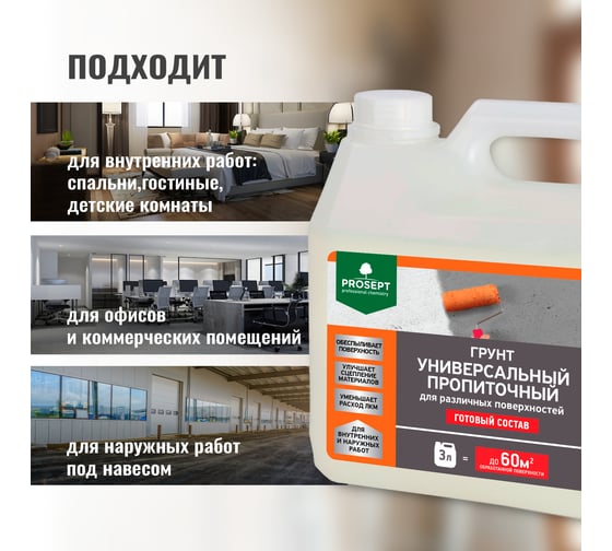Универсальный пропиточный грунт PROSEPT для различных поверхностей, готовый состав, 3 л 050-3