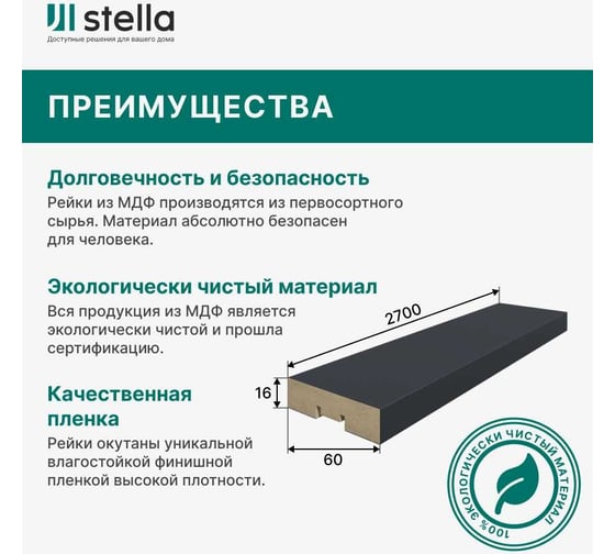 Интерьерная рейка STELLA De luxe планкен, МДФ, black lead, 16x60x2700 мм, в упаковке 6 шт. ЦБ-00013195