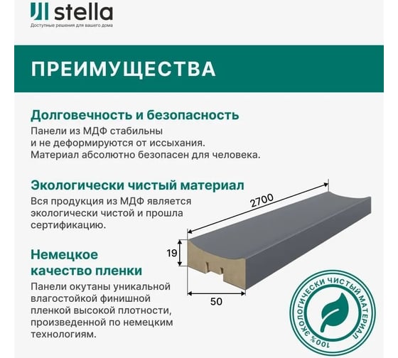 Интерьерная рейка STELLA Pекесс de luxe планкен, МДФ, black lead, 19x50x2700 мм, в упаковке 4 шт. ЦБ-00013194