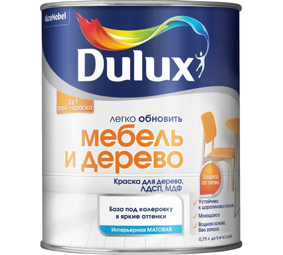 Краска Dulux мебель и дерево, матовая, BC, 0,75 л 5327293
