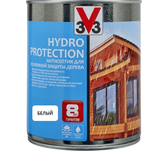 Акриловый антисептик для дерева V33 HYDRO PROTECTION полуглянец, белый 119605