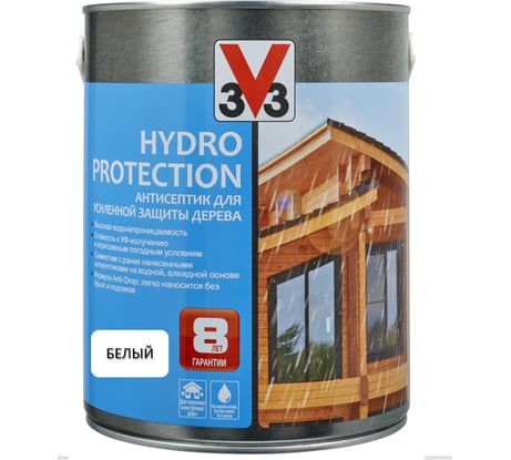 Акриловый антисептик для дерева V33 HYDRO PROTECTION полуглянец, белый 119606