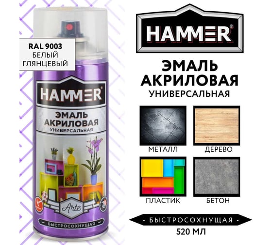 Универсальная акриловая эмаль HAMMER RAL 9003 белая, высокоглянцевая, 520 мл, 0.27 кг ЭК000140519