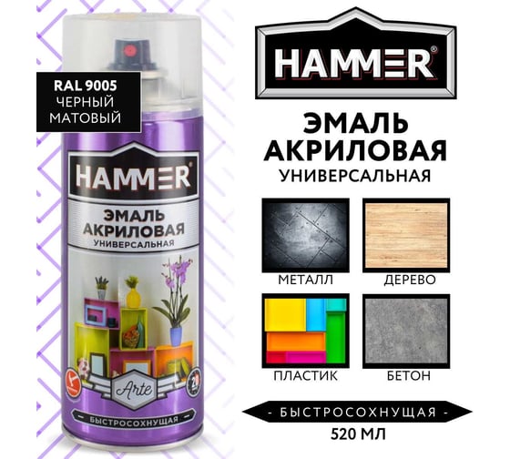 Универсальная акриловая эмаль HAMMER RAL 9005 чёрная матовая 520 мл, 0.27 кг ЭК000140522