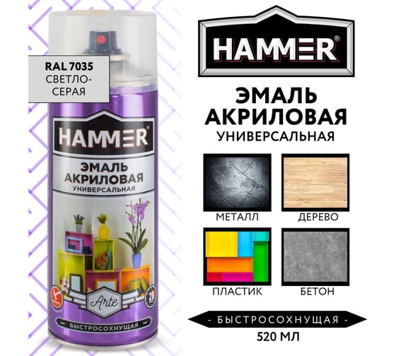 Универсальная акриловая эмаль HAMMER RAL 7035 светло-серая, высокоглянцевая, 520 мл, 0.27 кг ЭК000140516