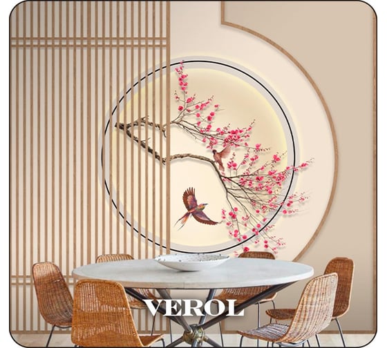 Фотообои Verol флизелиновые, "цветы сакуры и птицы" 300x283 см, бежевый, 3 полосы111-ФФО-05756