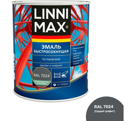 Быстросохнущая эмаль по ржавчине LINNIMAX шелковисто-матовая RAL7024 0,75 л 948105229