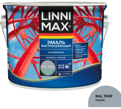 Быстросохнущая эмаль по ржавчине LINNIMAX шелковисто-матовая RAL7040 Серая 2,5 л 948105232