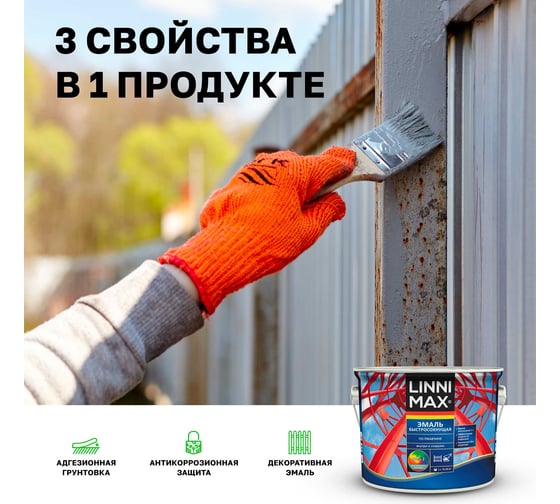 Быстросохнущая эмаль по ржавчине LINNIMAX шелковисто-матовая RAL9003 Белая 2,5 л 948105236