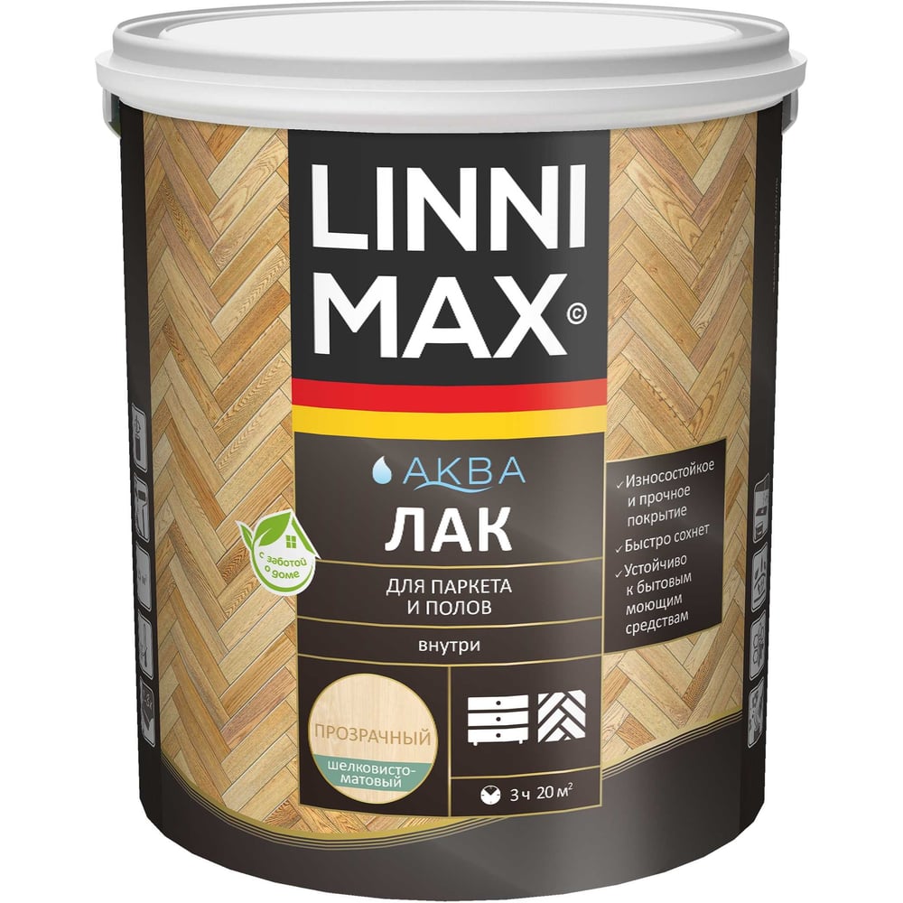 Акриловый лак LINNIMAX (ALPINA) аква для паркета и полов для вн раб  шелк-мат прозрачный 0,9 л 948105337 - выгодная цена, отзывы,  характеристики, фото - купить в Москве и РФ