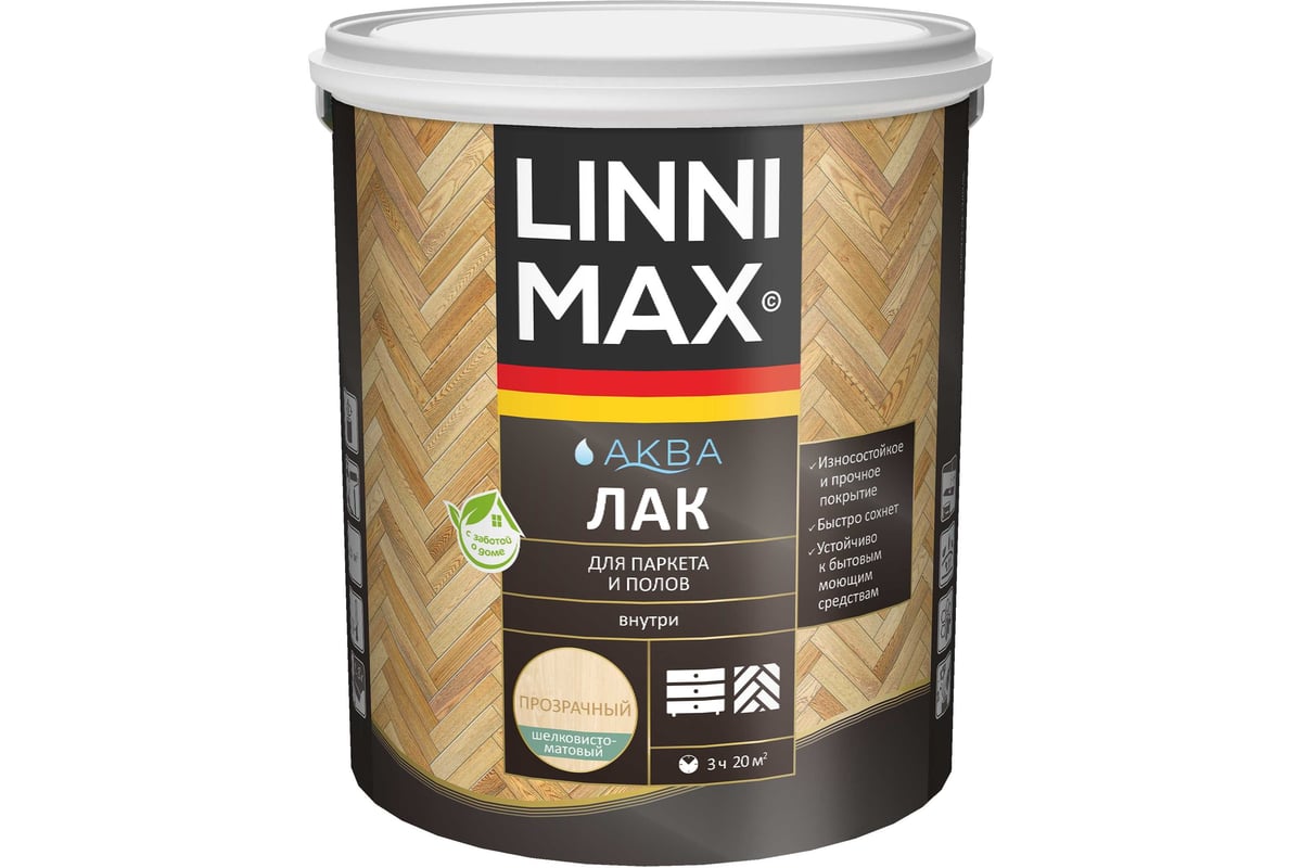 Акриловый лак LINNIMAX (ALPINA) аква для паркета и полов для вн раб  шелк-мат прозрачный 0,9 л 948105337 - выгодная цена, отзывы,  характеристики, фото - купить в Москве и РФ