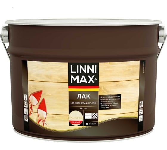 Алкидно-уретановый лак для паркета и полов LINNIMAX глянцевый 9 л 948105168