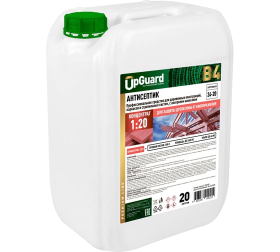 Профессиональный антисептик для деревянных конструкций, каркасов и стропильных систем UPGUARD B4 20л, концентрат 1:20 с контролем нанесения 24-20