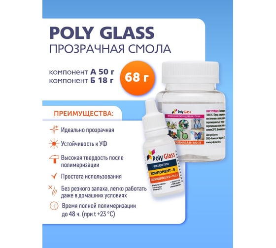 Прозрачная эпоксидная смола Poly max Poly Glass 68 г, для бижутерии PG0.68