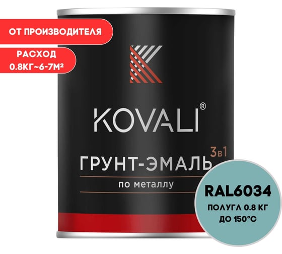 Грунт-эмаль 3 в 1 KOVALI полуглянец Пастельно-бирюзовая RAL 6034 (0,8кг) kov3.2.1.A.6034.0.8pg