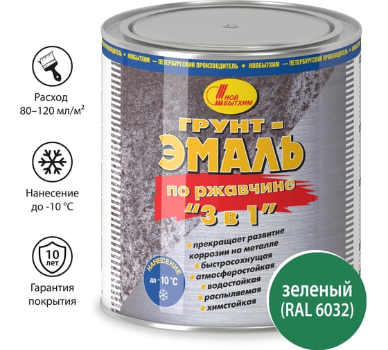 Грунт-эмаль по ржавчине Новбытхим 3 в 1, зелёная, RAL 6032, 2,7 л 3377