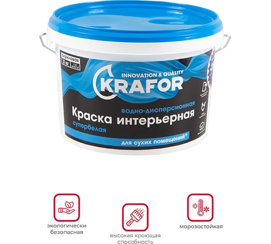 Интерьерная водно-дисперсная краска KRAFOR супербелая 3 кг 26959