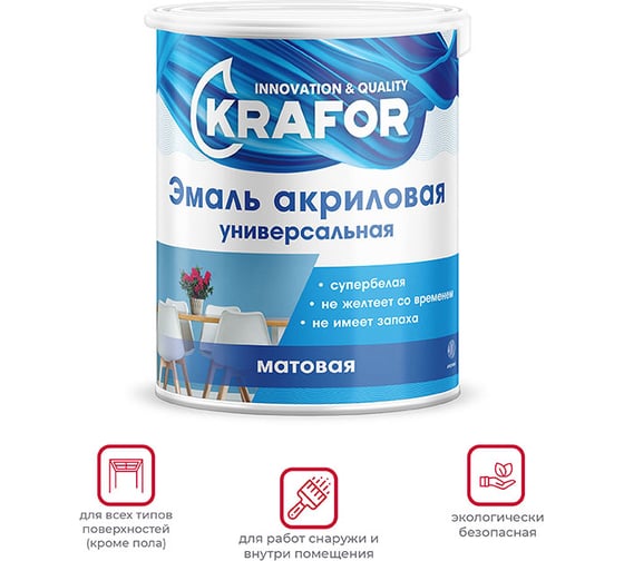 Акриловая матовая эмаль Krafor супербелая 1 кг 4 44985