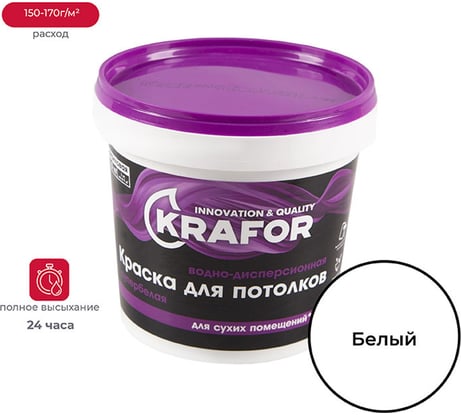 Краска для потолков Krafor Супербелая в/д 1.5 кг 42168