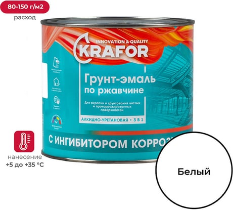 Алкидная грунт-эмаль по ржавчине Krafor белая 1.9 кг 6 26678