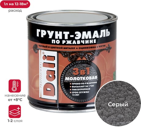 Грунт-эмаль по ржавчине Dali 3 в 1 молотковая серая 0.75 л 6 28232