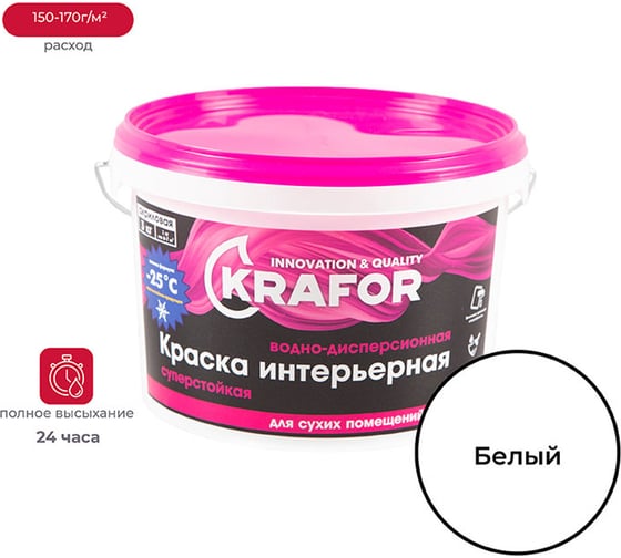 Интерьерная краска KRAFOR водно-дисперсная суперстойкая 3 кг 26962 1
