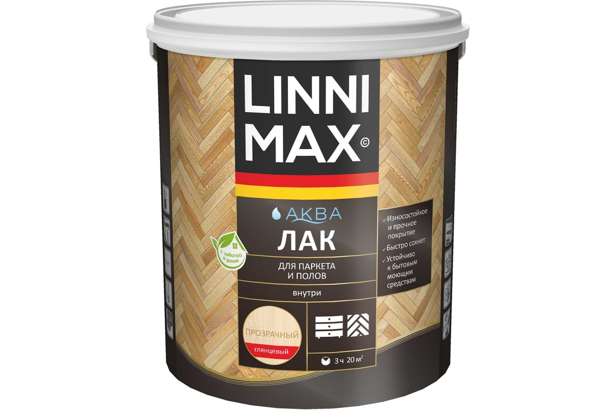 Лак для паркета и полов LINNIMAX Аква глянцевый 0,9 л 948105329 - выгодная  цена, отзывы, характеристики, фото - купить в Москве и РФ