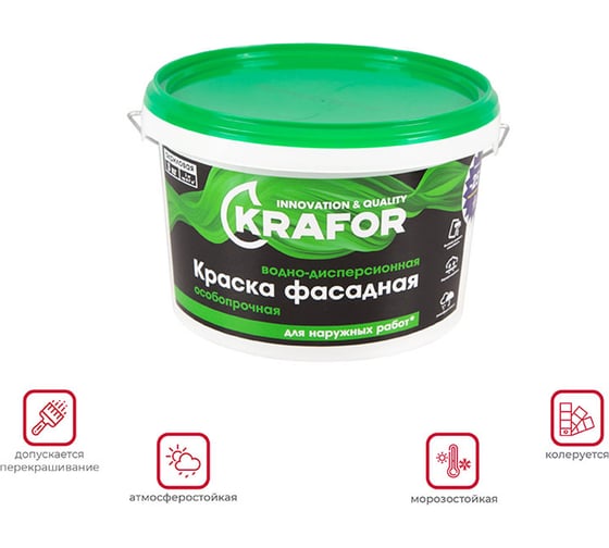 Водно-дисперсная фасадная особопрочная краска Krafor 3 кг 26948