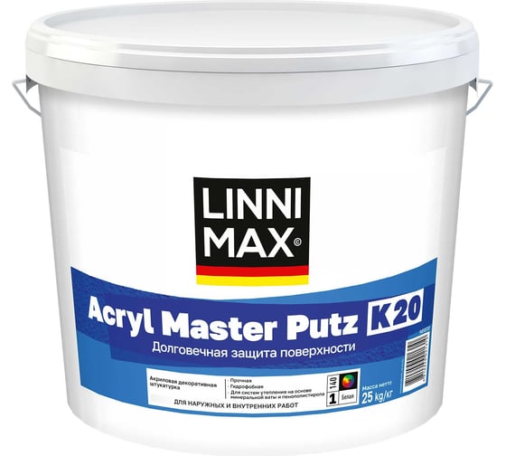 Штукатурка декоративная акриловая для наружных и внутренних работ LINNIMAX  Acryl Master Putz K20, База 1, 25 кг 948105787