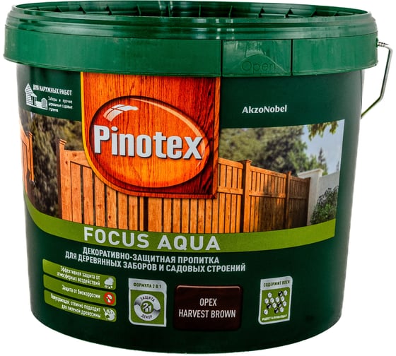 Пропитка для защиты деревянных заборов и садовых строений PINOTEX FOCUS AQUA (орех; 9 л) 5270898