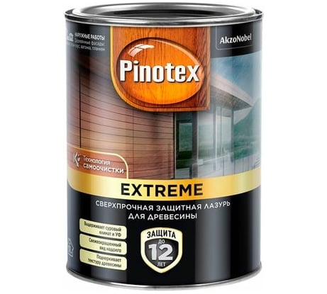 Лазурь с эффектом самоочистки для защиты древесины PINOTEX EXTREME (прозрачная ВС; 0.9 л) 5351704