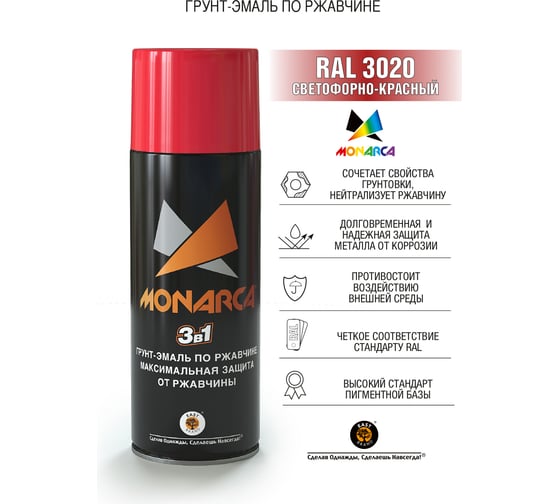 Аэрозольная грунт-эмаль Monarca по ржавчине RAL3020 Светофорно-Красный 83020