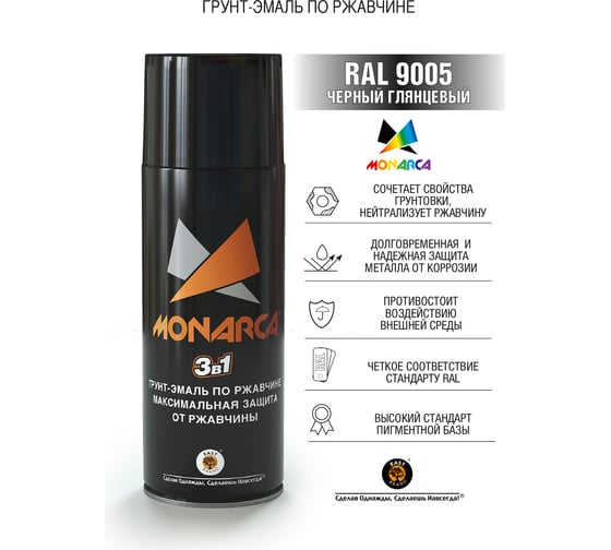 Аэрозольная грунт-эмаль Monarca по ржавчине RAL9005 Черный Глянцевый 89005