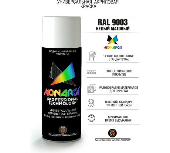 Аэрозольная краска Monarca RAL9003 Белый Матовый 19503