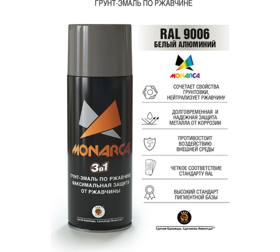 Аэрозольная грунт-эмаль Monarca по ржавчине RAL9006, Белый Алюминий 89006