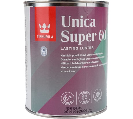Лак TIKKURILA UNICA SUPER 60 алкидно уретановый универсальный, износостойкий, полуглянцевый 0,9л 55764040110