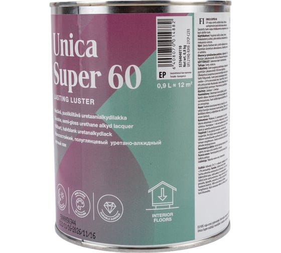 Лак TIKKURILA UNICA SUPER 60 алкидно уретановый универсальный, износостойкий, полуглянцевый 0,9л 55764040110