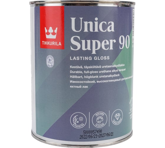 Лак TIKKURILA UNICA SUPER 90 алкидно уретановый универсальный износостойкий, высокоглянцевый 0,9л 55664040110