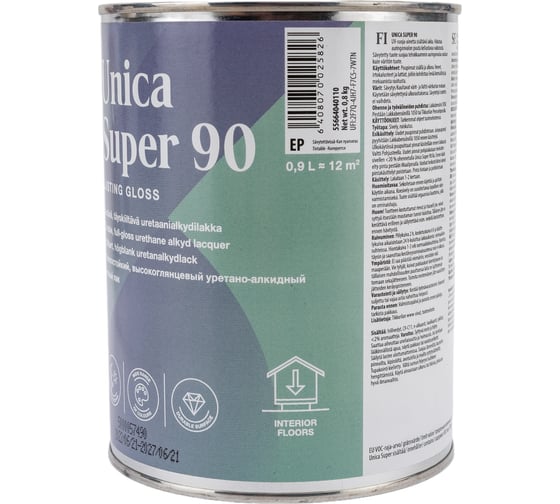 Лак TIKKURILA UNICA SUPER 90 алкидно уретановый универсальный износостойкий, высокоглянцевый 0,9л 55664040110
