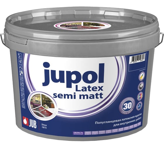 Полуматовая латексная краска Jub Jupol Latex semi matt для внутренних работ база а 1001 2 л 1/44 1/8/192 51234 1