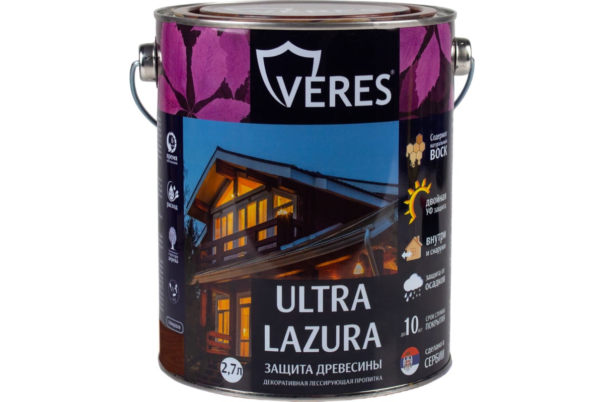 Пропитка Veres Ultra Lazura №4 орех 2.7 л 1/4 42042 - выгодная цена,  отзывы, характеристики, фото - купить в Москве и РФ