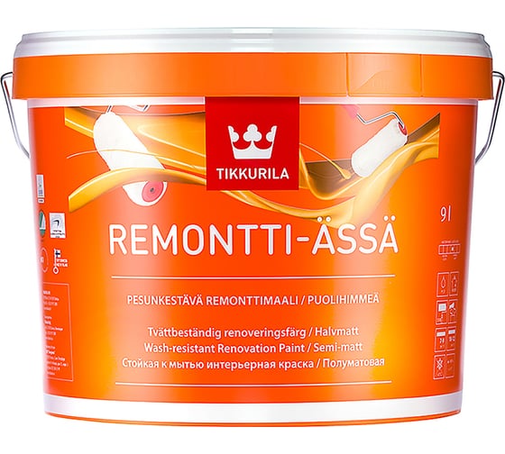 Краска TIKKURILA REMONTTI ASSA интерьерная, акрилатная, стойкая к мытью, полуматовая, база A 9л 81560010160 22115 1