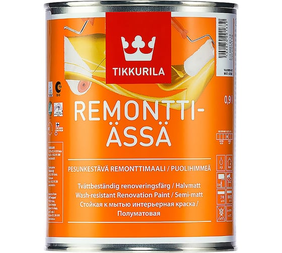 Краска TIKKURILA REMONTTI ASSA интерьерная, акрилатная, стойкая к мытью, полуматовая, база A 0,9л 81560010110 22114