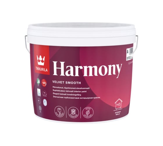 Краска Tikkurila HARMONY акрилатная, стойкая к мытью, глубокоматовая, база A 2,7 л 4
