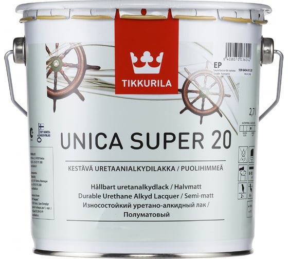 Универсальный лак TIKKURILA UNICA SUPER 20 алкидно-уретановый  износостойкий, полуматовый 2,7л 55964040130