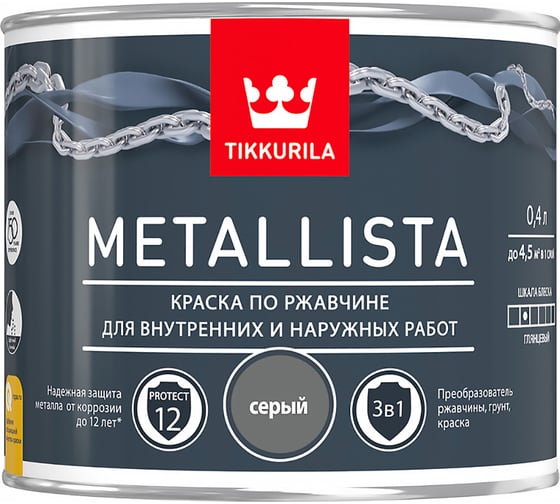 Краска Tikkurila METALLISTA по ржавчине 3 в 1, глянцевая, серый 0,4л 203639 1