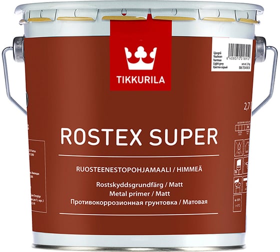 Грунтовка TIKKURILA ROSTEX SUPER для металла противокоррозийная, матовая, светло серый 3л 25001